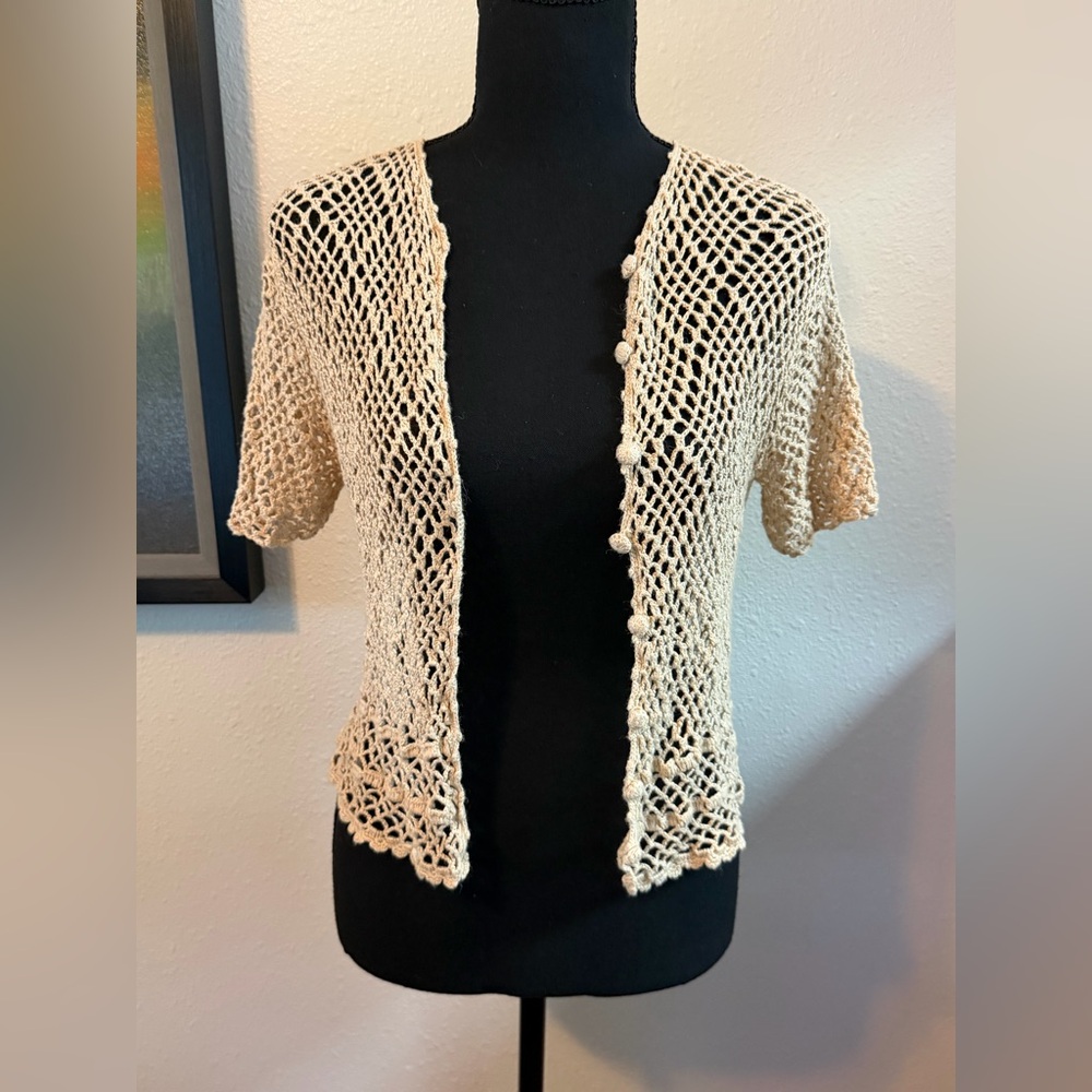 Women's Crochet Cardigan Top Shirt Size Small Beige/Tan Coastal Cowgirl Boho